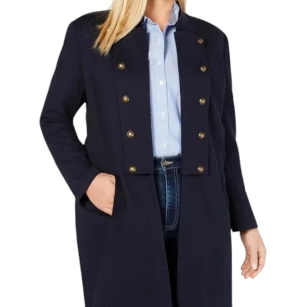 Tommy Hilfiger Military Band Navy Coat Open Front Gold Buttons Wide Lapel Medium